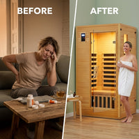 2024 Upgrade 1 to 2 Person Infrared Sauna, Low EMF Infrared Sauna for Home, Indoor Sauna Room, Hemlock Wooden Far Infrared Sauna, Dry Sauna with Bluetooth Speakers, LED Reading and Chromotherapy Lamp — Before & After