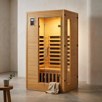 2024 Upgrade 1 to 2 Person Infrared Sauna, Low EMF Infrared Sauna for Home, Indoor Sauna Room, Hemlock Wooden Far Infrared Sauna, Dry Sauna with Bluetooth Speakers, LED Reading and Chromotherapy Lamp — Studio Shot