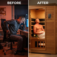 Infrared Home Sauna Designed for Daily Wellness, Low EMF Carbon Panels, Canadian Hemlock Wood, 3 Person Capacity — Before & After